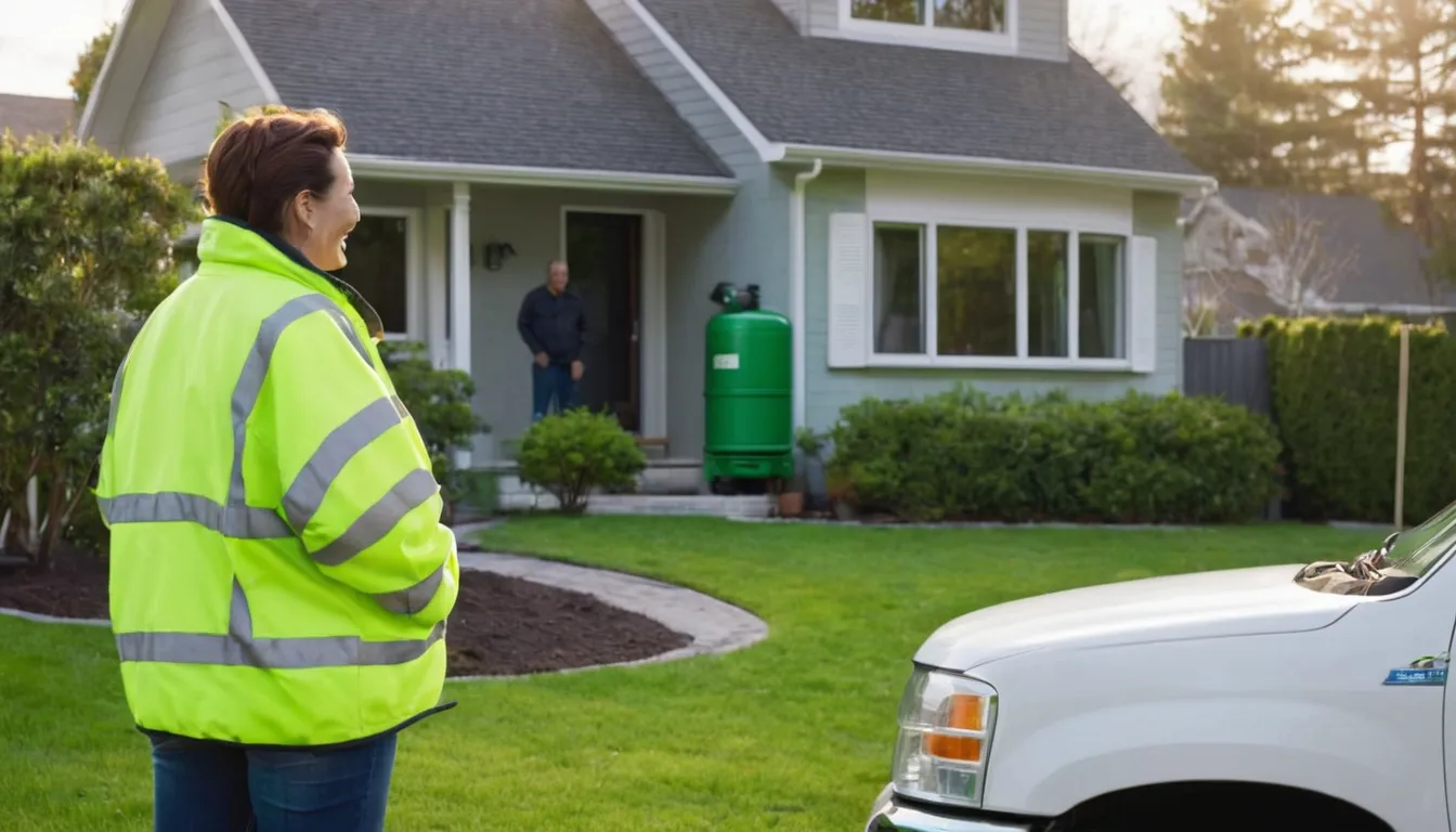 A homeowner talking with a septic service provider beside a tank access area in a West Elkton yard