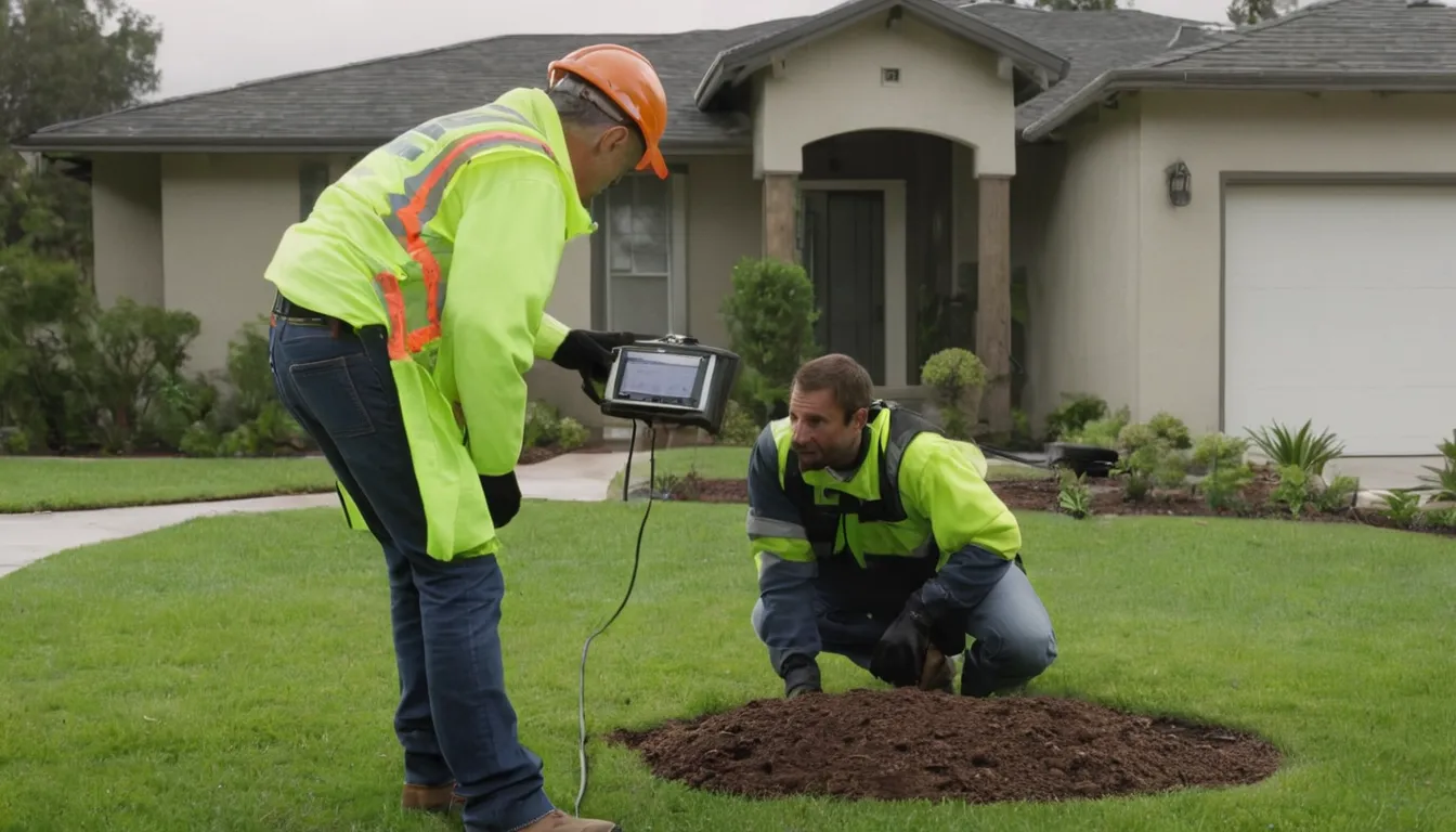 A local provider reviewing a sewer camera inspection with a homeowner in a yard in West Elkton